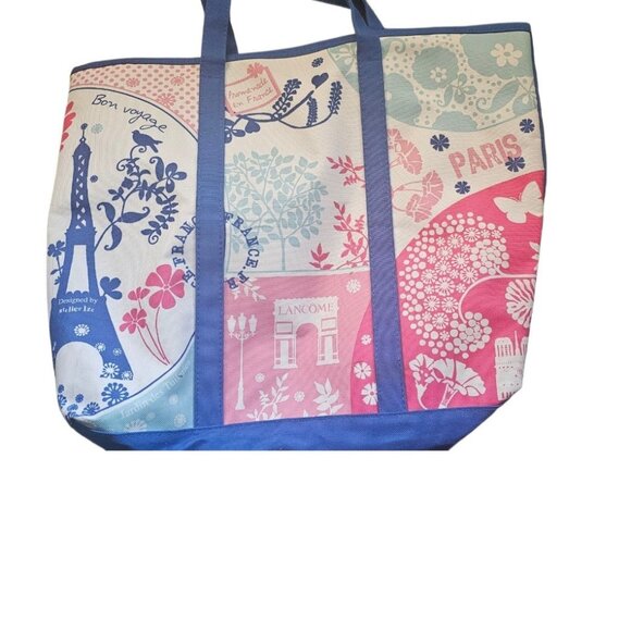 Lancome Bon Voyage Paris Blue Pink Canvas Tote Bag Purse - Picture 2 of 4